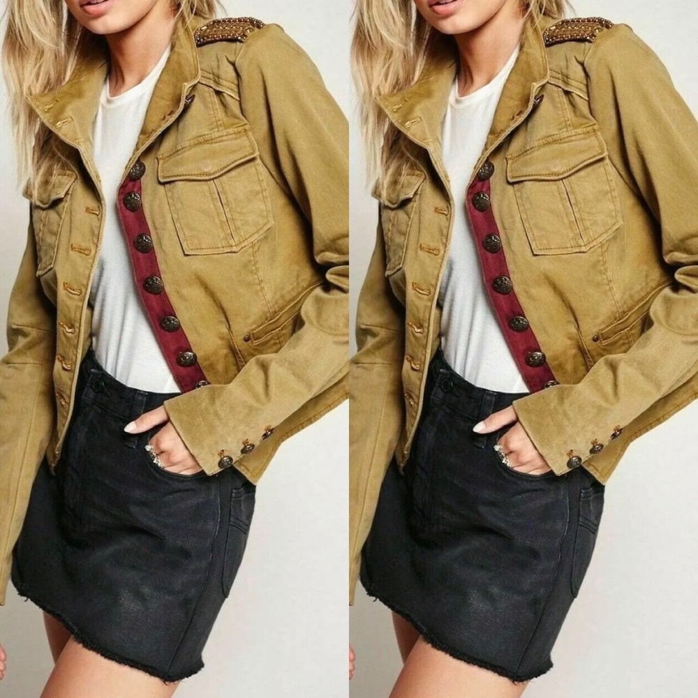 Free People Military Jacket Shrunken Officer Gold - Picture 2 of 11